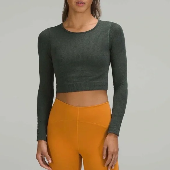 Lululemon Ebb To Street Ribbed Longsleeve Shit in Smoked Spruce Green Size 10 - Picture 1 of 7